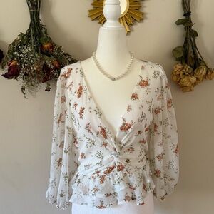 Lulus Sweetly Sun-Kissed Ivory Floral Print Twist-Front Peplum Top